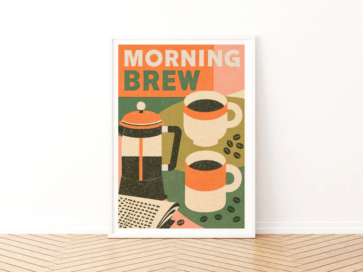 Morning Brew Coffee Poster Print, Vintage Food Poster Print, Rustic Kitchen Decor, Retro Mid Century Kitchen Art