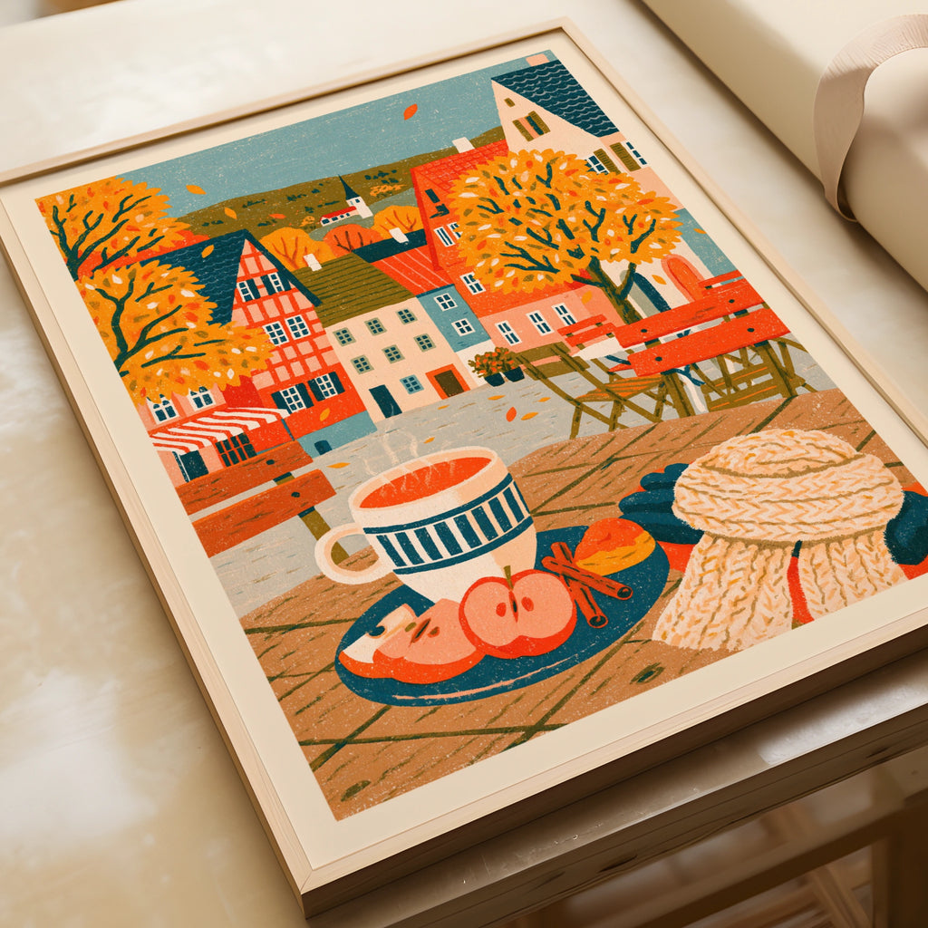 Vintage Food Poster Print, Autumn Cafe Scene, Rustic Kitchen Decor, Retro Mid Century Risograph Art