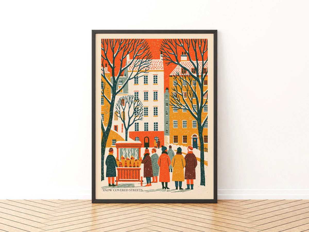 Snow Covered Streets Vintage Food Poster Print | Rustic Kitchen Decor | Festive Street Market Art decor
