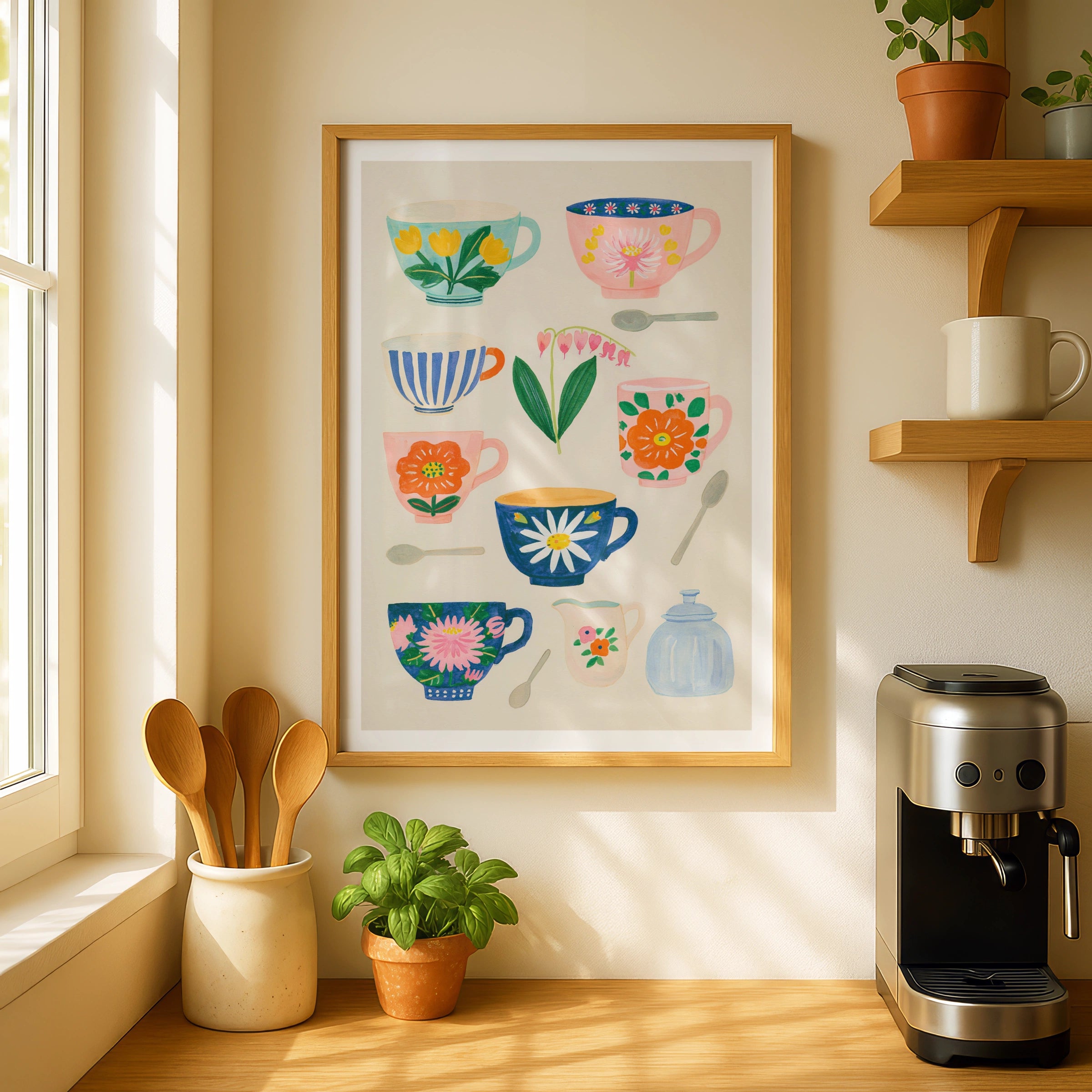 Vintage Tea Cup Poster Print | Rustic Kitchen Decor | Retro Mid Century Risograph Floral