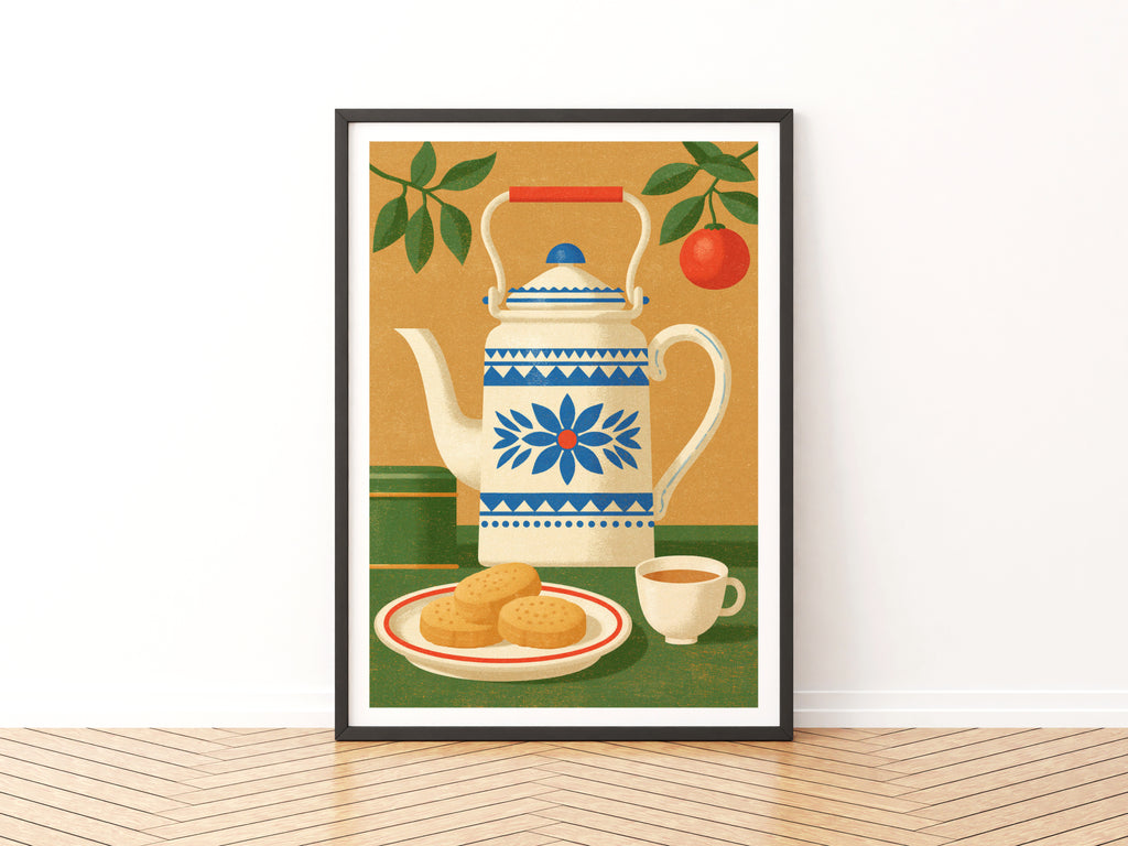 Vintage Food Poster Print, Retro Tea Kettle Art, Rustic Kitchen Decor, Mid Century Risograph Wall