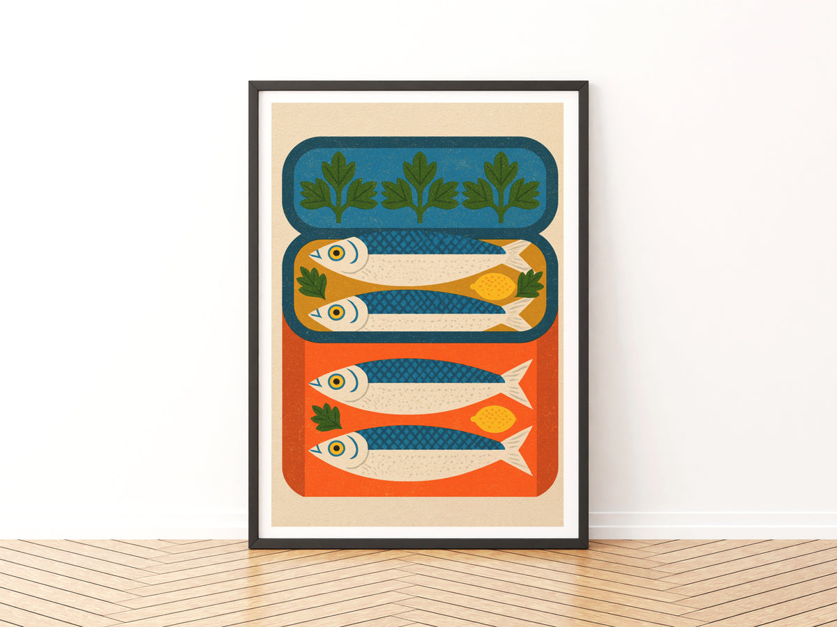 Vintage Food Poster Print, Sardine Tin Art, Rustic Kitchen Decor, Retro Mid Century Risograph Fish