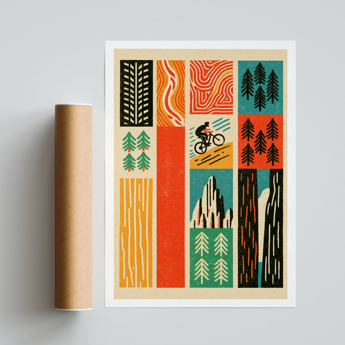 Retro Mountain Bike Poster, MTB Trail Art Print, Cycling Gift, Pine Tree Wall Art