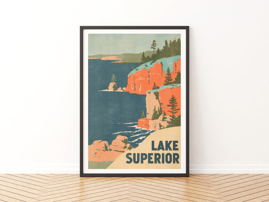 Retro Lake Superior Poster, Vintage Travel Print, Great Lakes Cliffs, Cabin Wall Art, Nature Decor