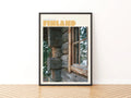 Finland Vintage Travel Poster, Lakeside Sauna Print, Scandinavian Log Cabin Wall Art