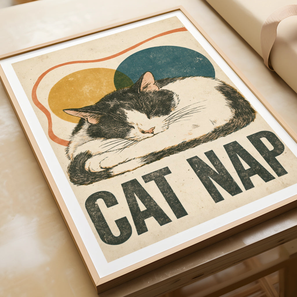 Cat Nap Retro Print, Sleeping Cat Wall Art, Vintage Folk Style Tuxedo Cat, Gift for Cat Lovers