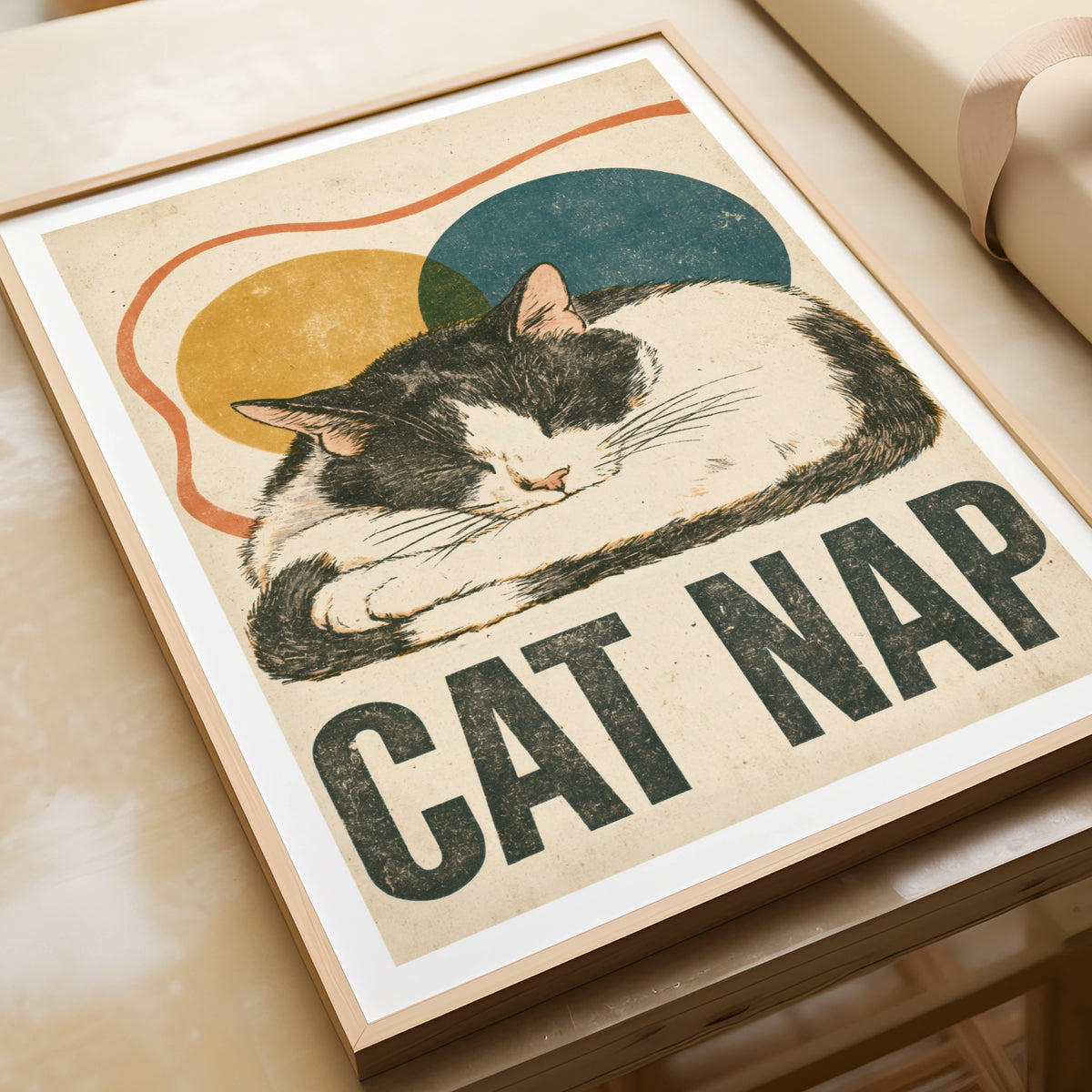 Cat Nap Retro Print, Sleeping Cat Wall Art, Vintage Folk Style Tuxedo Cat, Gift for Cat Lovers