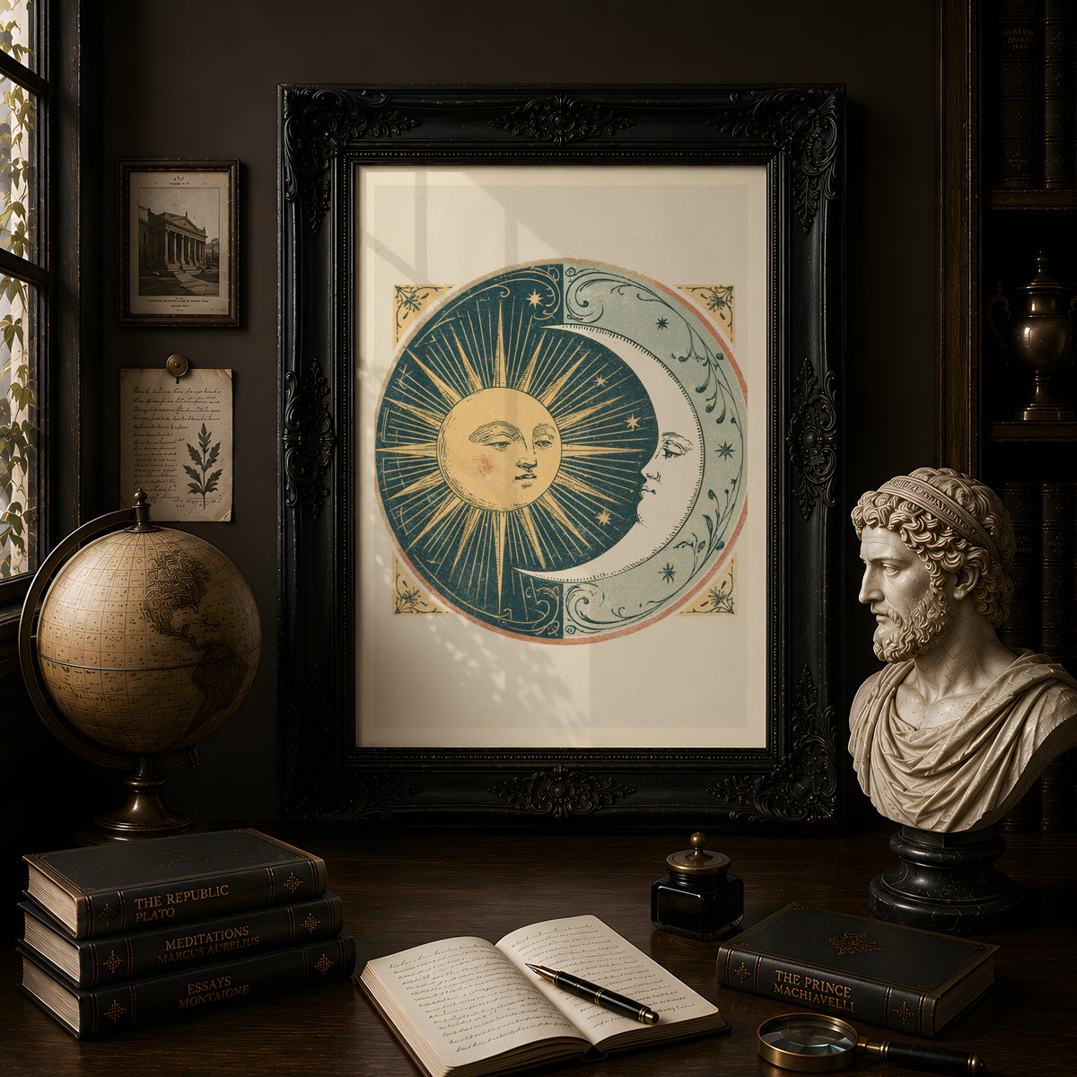 Vintage Sun and Moon Art Print, Celestial Wall Art, Boho Mystical Poster, Antique Astrology Decor