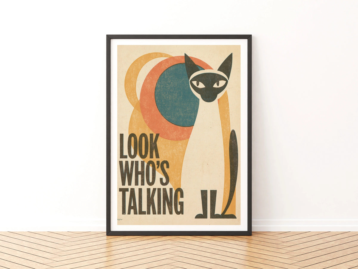 Retro Cat Print, Look Who's Talking, Siamese Cat Wall Art, Vintage Folk Style