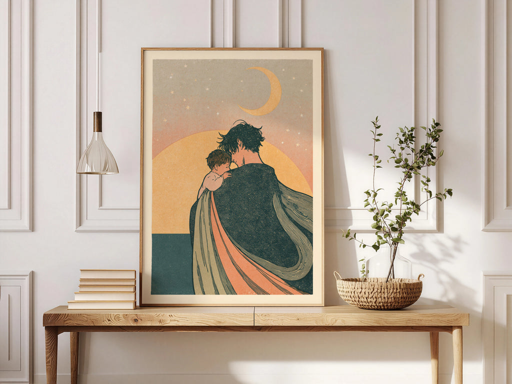 Father and Child Moon Wall Art, Crescent Moon Night Sky Print, Vintage Nursery Poster