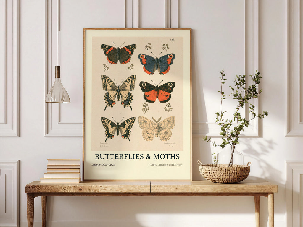 Vintage Butterflies and Moths Print, Natural History Poster, Botanical Nature Wall Art, Lepidoptera
