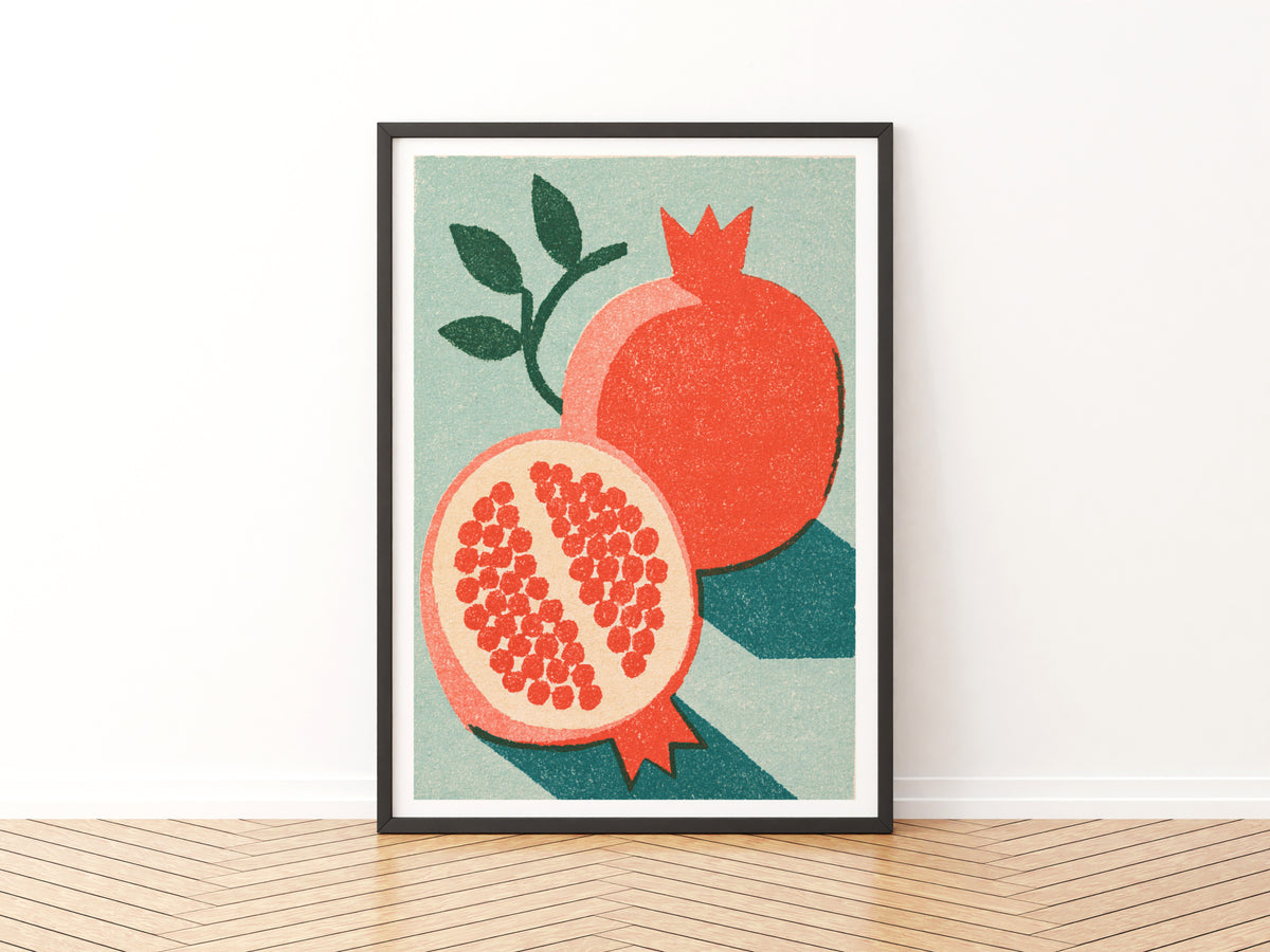 Vintage Food Poster Print | Rustic Kitchen Decor, Pomegranate Art, Mid Century Fruit Wall Art