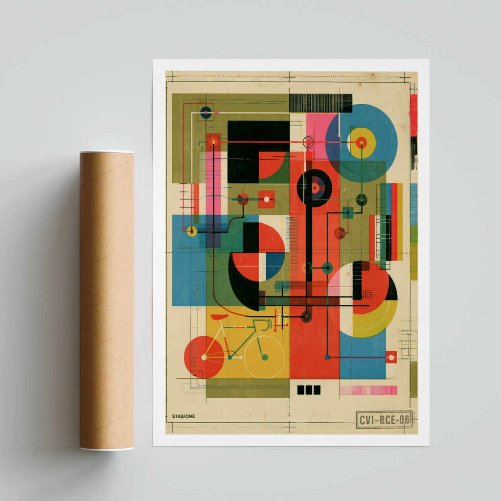Retro Cycling Poster, Abstract Bauhaus Bike Art Print, Vintage Geometric Bicycle Wall Art