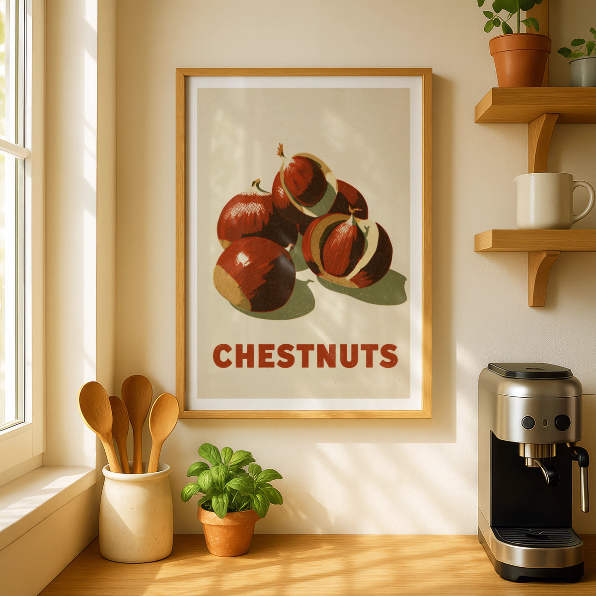 Chestnuts Vintage Food Poster Print | Rustic Kitchen Decor | Retro Mid Century Risograph Art