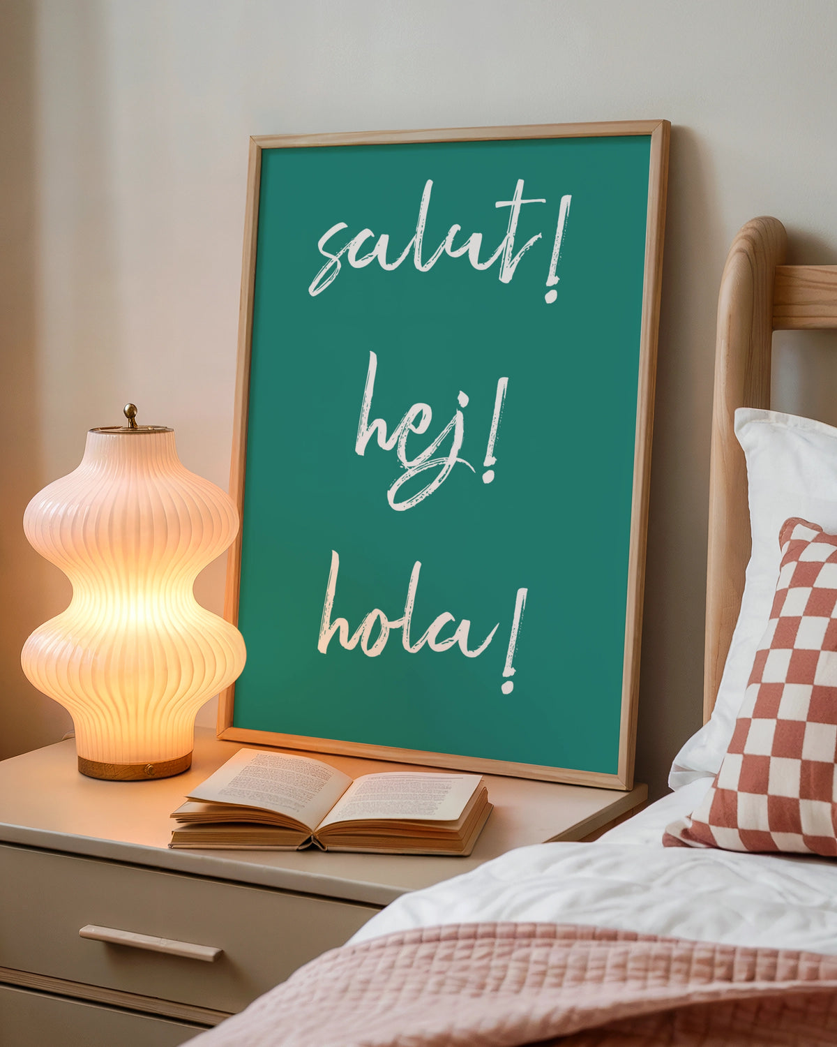 Salut Hej Hola Typography Print, Multilingual Hello Poster, Teal Word Wall Art