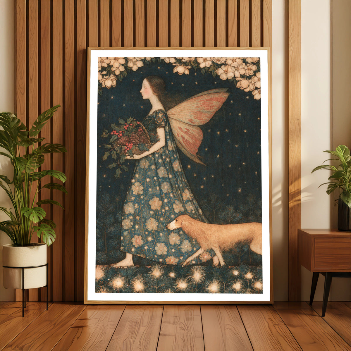 Fairy With Holly Basket Classic Art Print, Vintage Folk Illustration, Winter Botanical Poster
