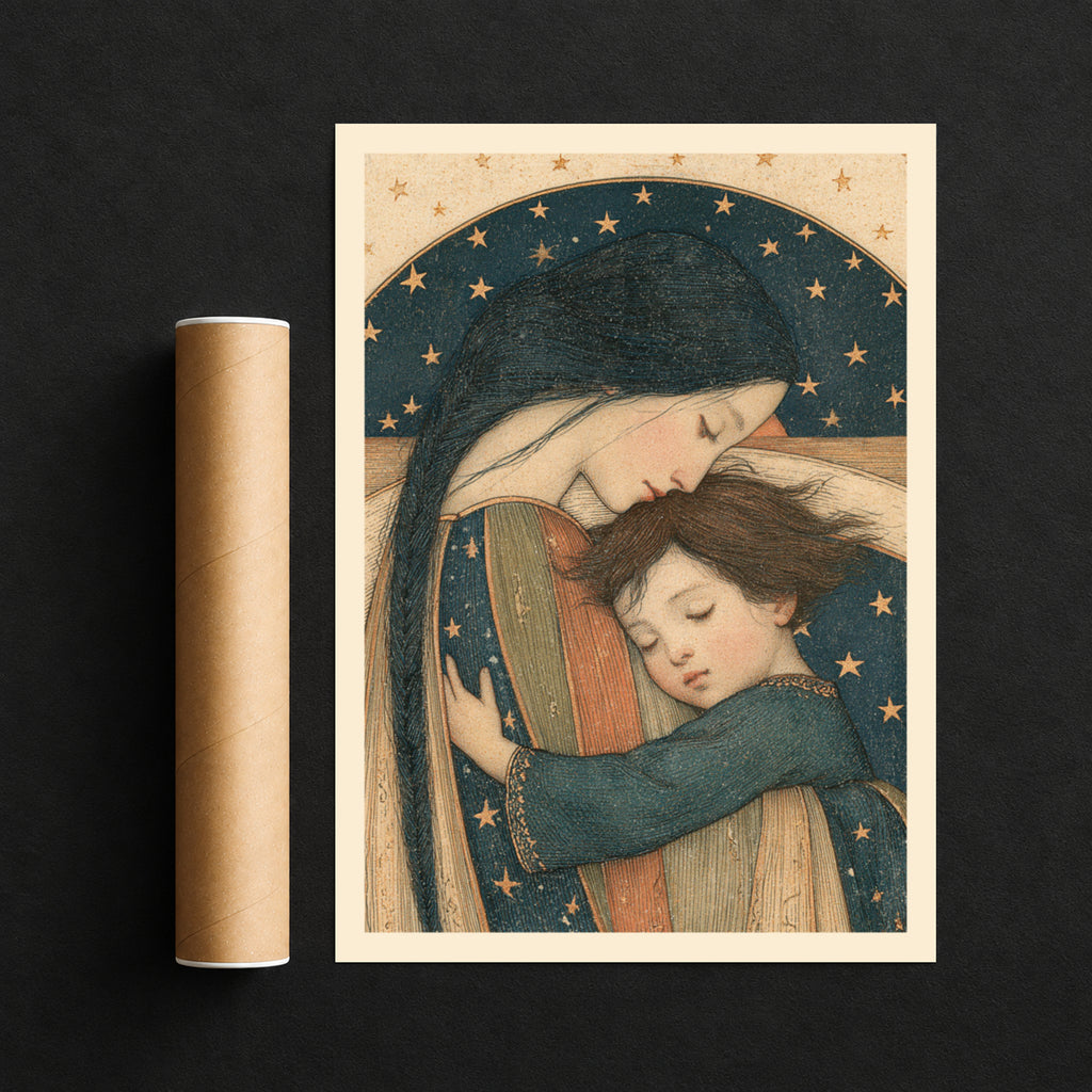 Mother and Child Wall Art, Vintage Starry Night Nursery Print, Celestial Maternal Hug Poster