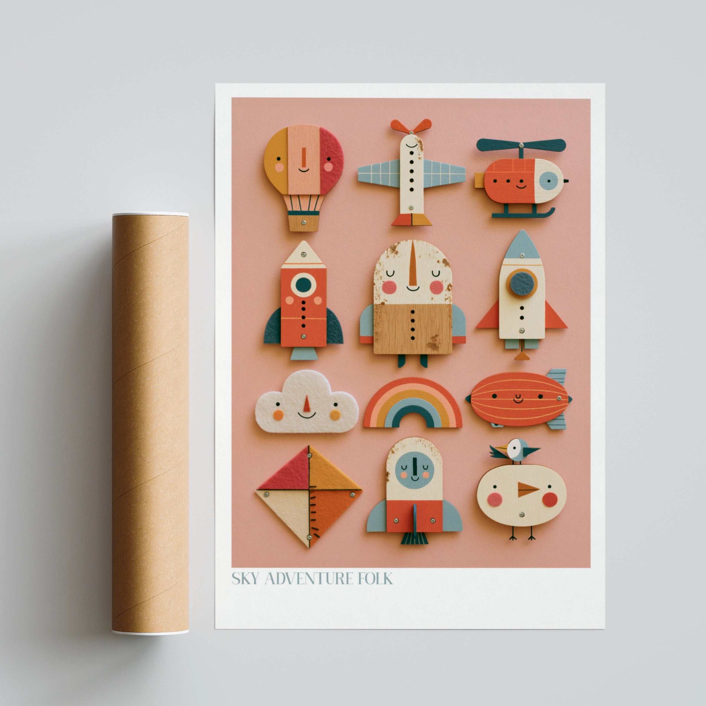 Sky Adventure Folk Retro Kids Print, Wooden Toy Art, Children's Collectable Nursery Poster