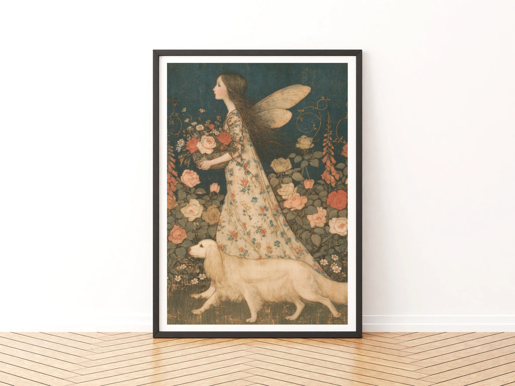 Fairy Garden Print, Classic Arthur Rackham Style Folk Art Poster, Rose Floral Wall Art, Vintage Fairy Dog Illustration