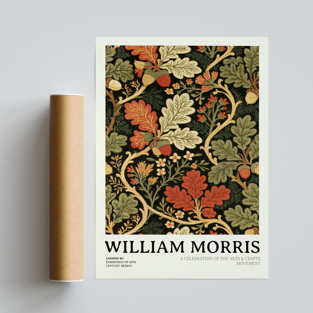 William Morris Oak Leaf Print, Arts and Crafts Poster, Acorn Botanical Wall Art, Exhibition Style