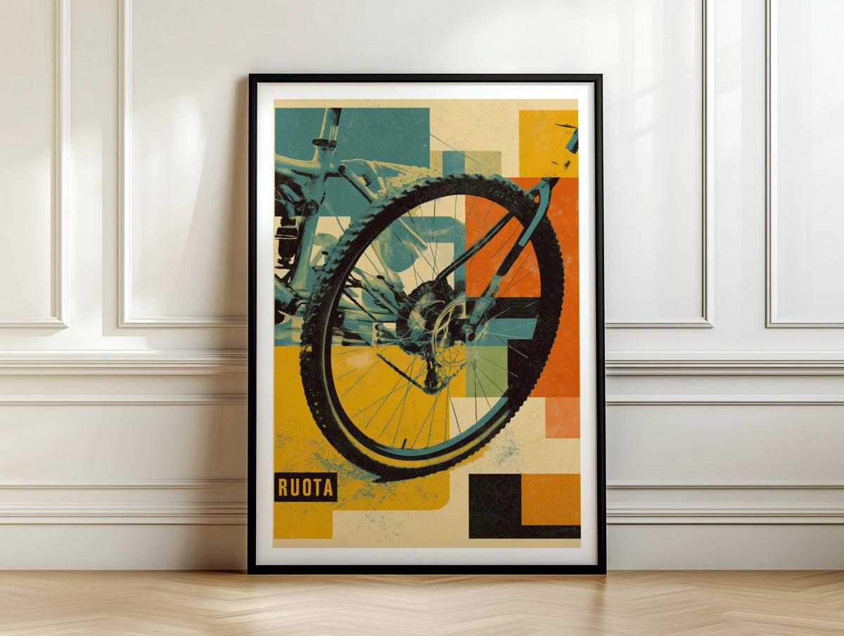 Retro Mountain Bike Wheel Poster, Vintage Cycling Print, MTB Wall Art, Bold Graphic Decor