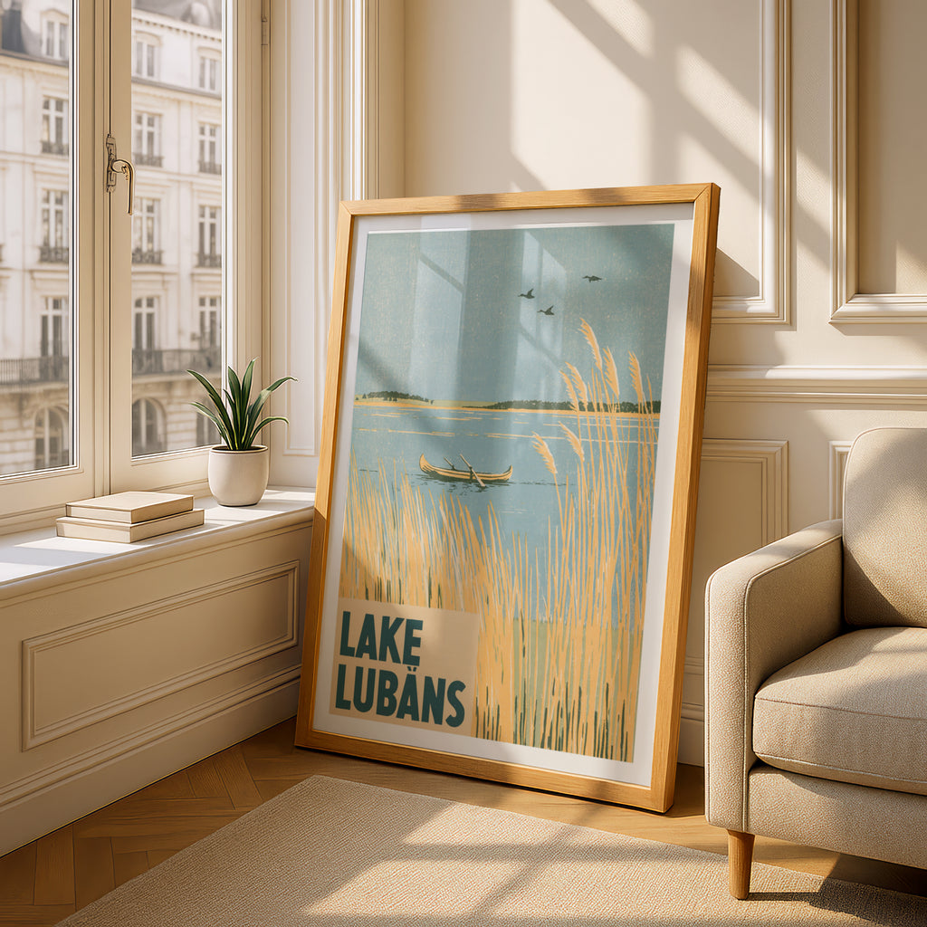 Retro Lake Lubans Poster, Vintage Travel Print, Latvia Wall Art, Reed Lake Landscape, Woodblock