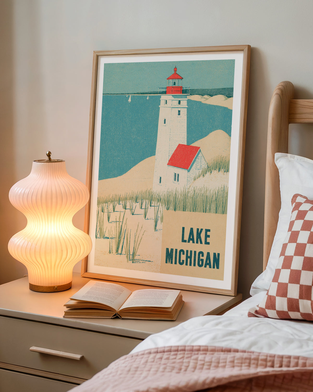 Retro Lake Michigan Lighthouse Poster, Vintage Travel Print, Coastal Wall Art, Sand Dunes Decor