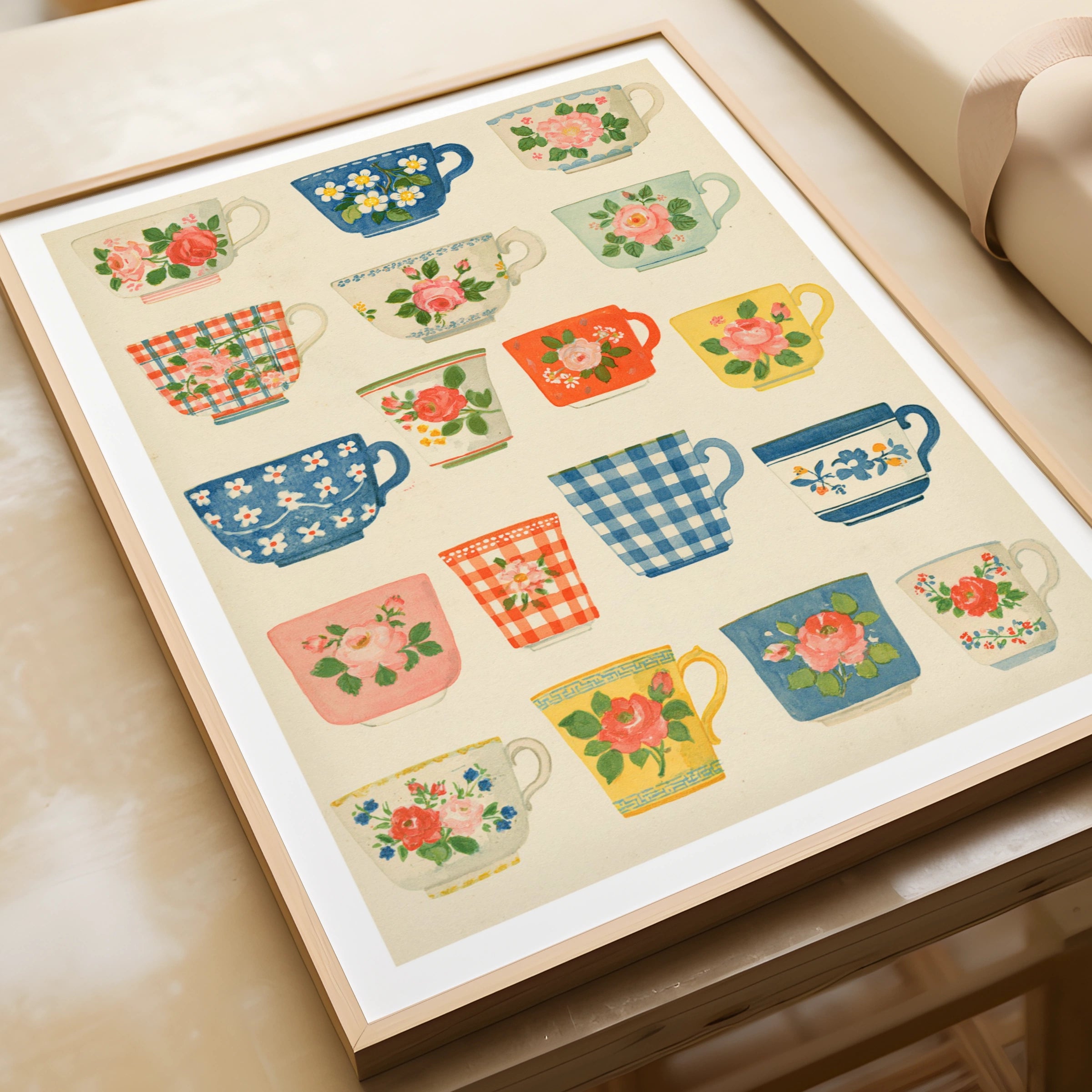 Vintage Tea Cup Poster Print | Rustic Kitchen Decor | Retro Mid Century Risograph Floral Mugs Art