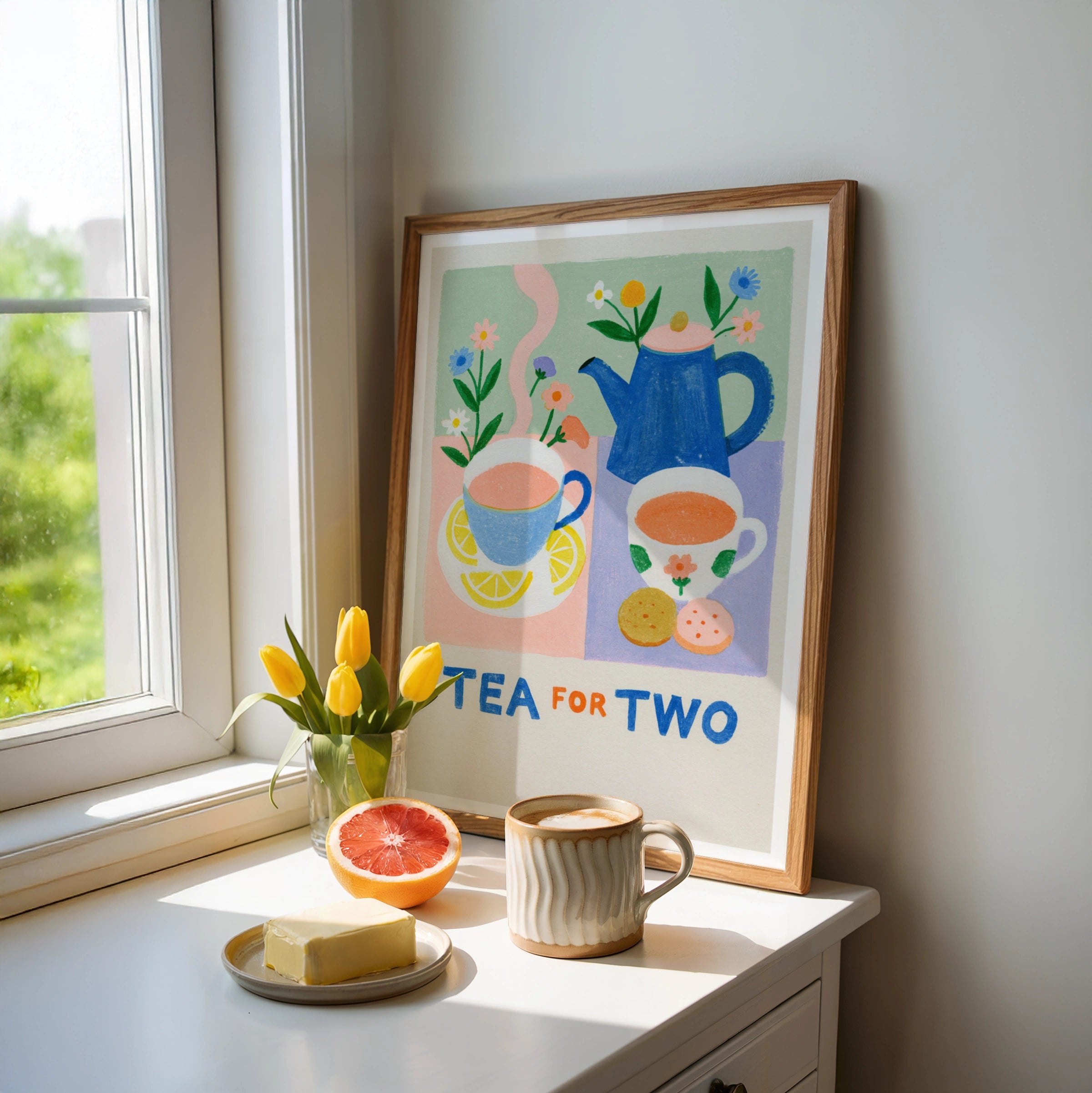 Tea for Two Vintage Food Poster Print | Rustic Kitchen Decor | Retro Mid Century Risograph