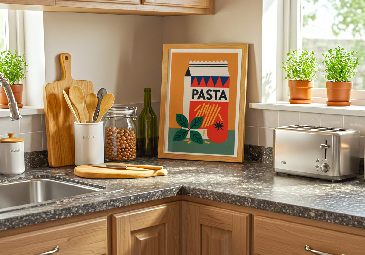 Vintage Food Poster Print, Pasta Retro Mid Century Risograph, Rustic Kitchen Decor Wall Art