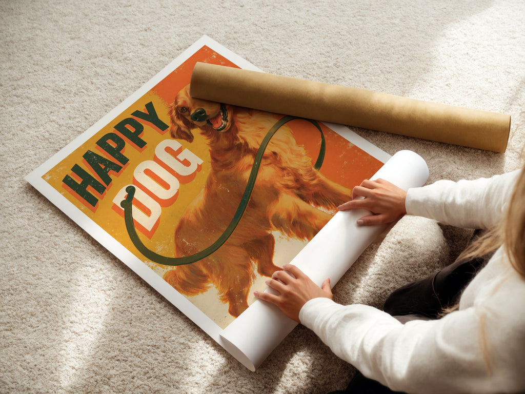 Happy Dog Retro Poster, Golden Retriever Wall Art, Vintage Dog Print, Orange Folk Style
