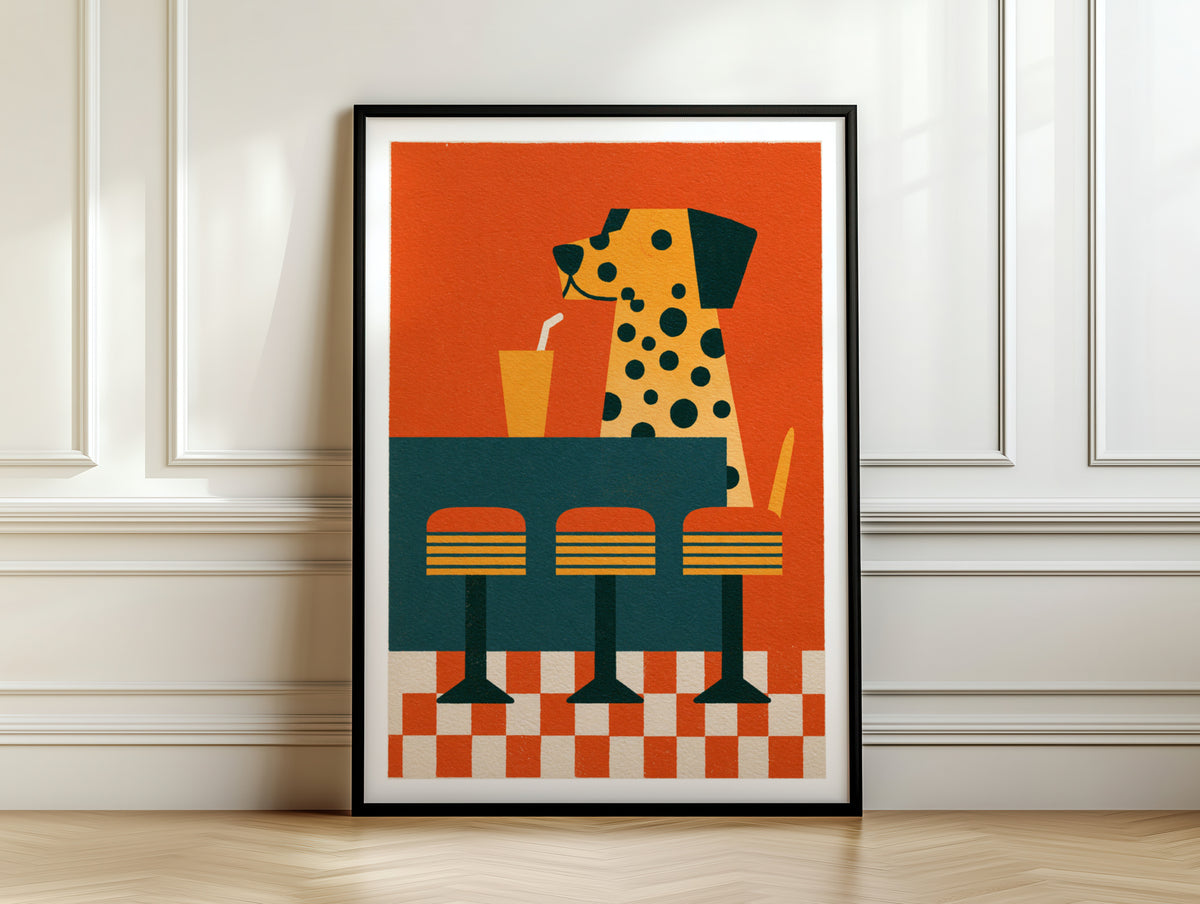 Vintage Dalmatian Diner Poster, Retro Dog Wall Art, Fun Animal Print, Bold Orange Decor