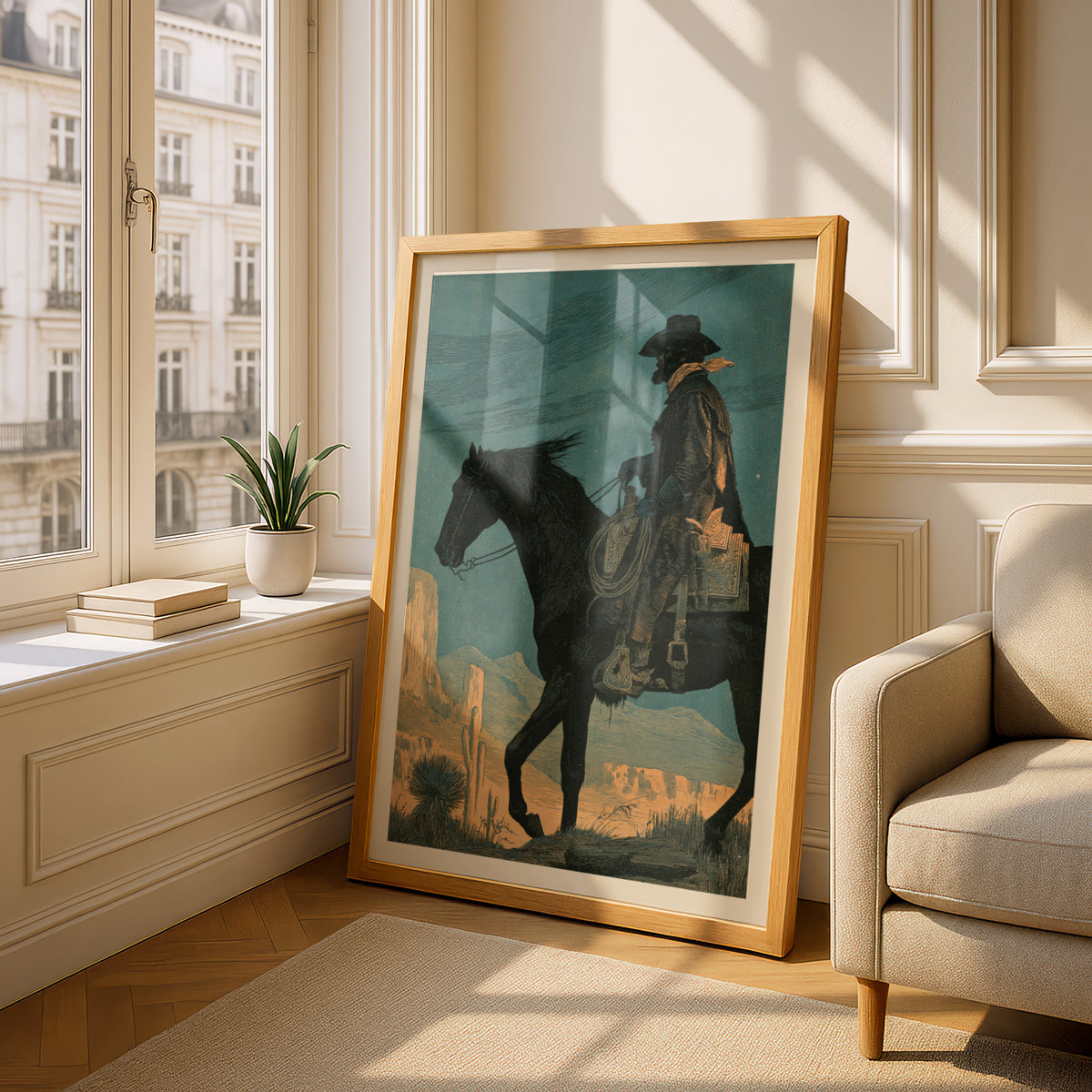 Western Cowboy Wall Art, Vintage Desert Landscape Print, Cowboy on Horseback Poster, Teal and Orange