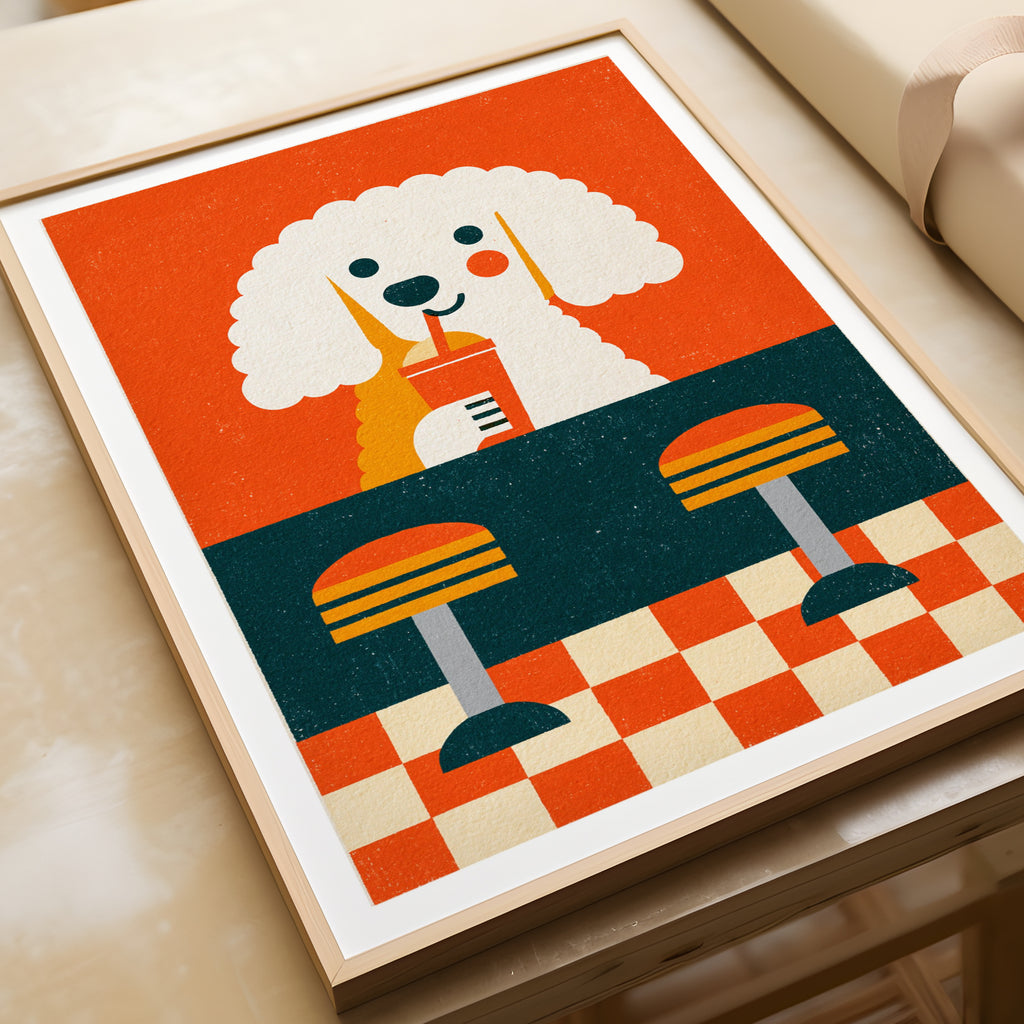 Retro Poodle Diner Poster, Vintage Dog Wall Art, Cute Puppy Print, Orange Retro Kitchen Decor