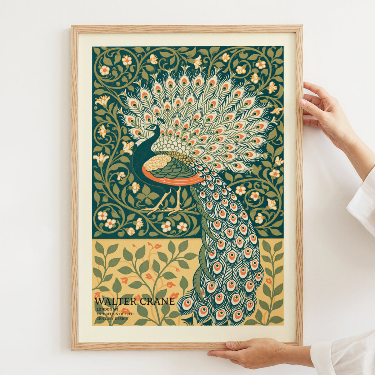 Walter Crane Peacock Print, Vintage Exhibition Poster, Arts and Crafts Nature Wall Art, Teal Floral