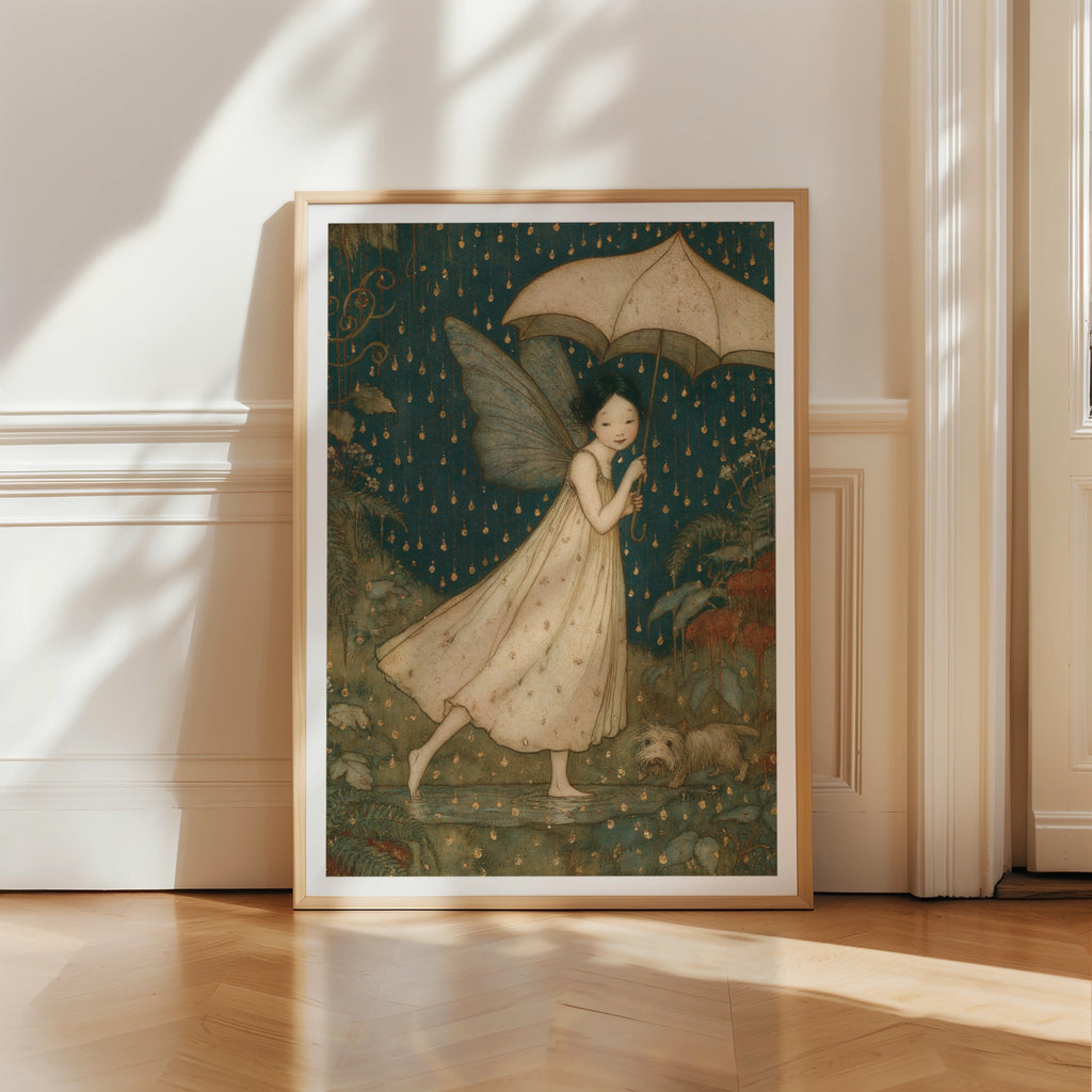 Splish Splash Rain Fairy Classic Art Print, Teal Gold Whimsical Fairy Poster, Folk Illustrated Wall Art