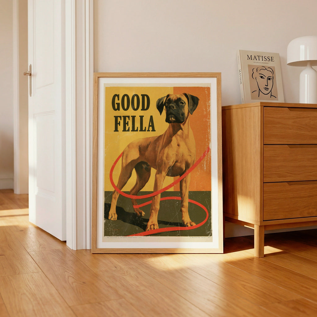 Retro Boxer Dog Poster, Good Fella Vintage Dog Print, Folk Wall Art, Dog Lover Gift