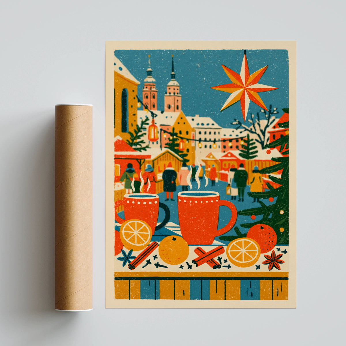 Vintage Christmas Market Poster, Mulled Wine Wall Art, Festive Winter Print, Retro Holiday Decor