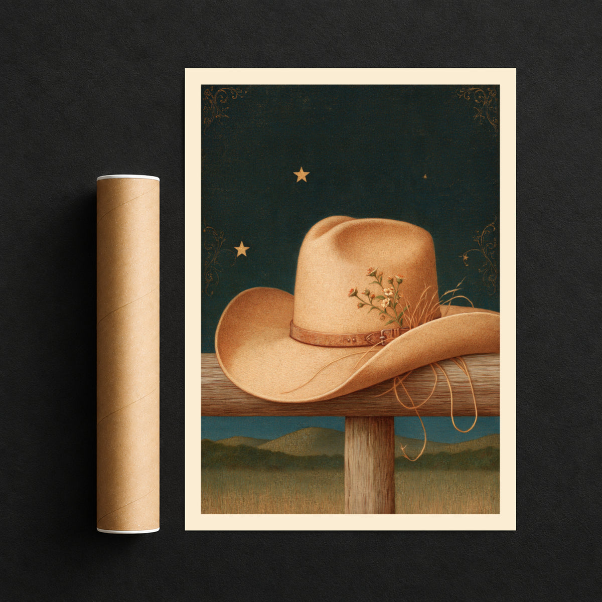 Cowboy Hat Wall Art, Vintage Western Print, Wildflowers on Fence Post, Starry Night Sky Poster