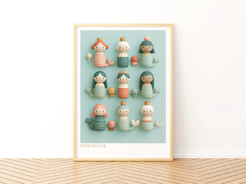 Mermaid Folk Art Print, Retro Children's Poster, Cute Wooden Toy Collectables Wall Art