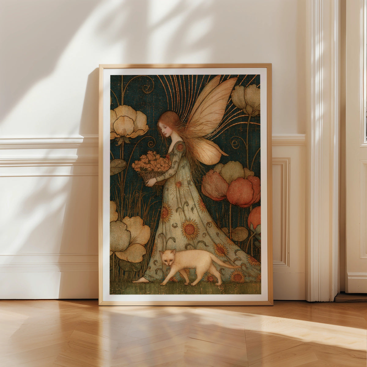 Summer Garden Fairy Art Print, Classic Vintage Fairy Poster, Teal Gold Floral Cat Wall Art