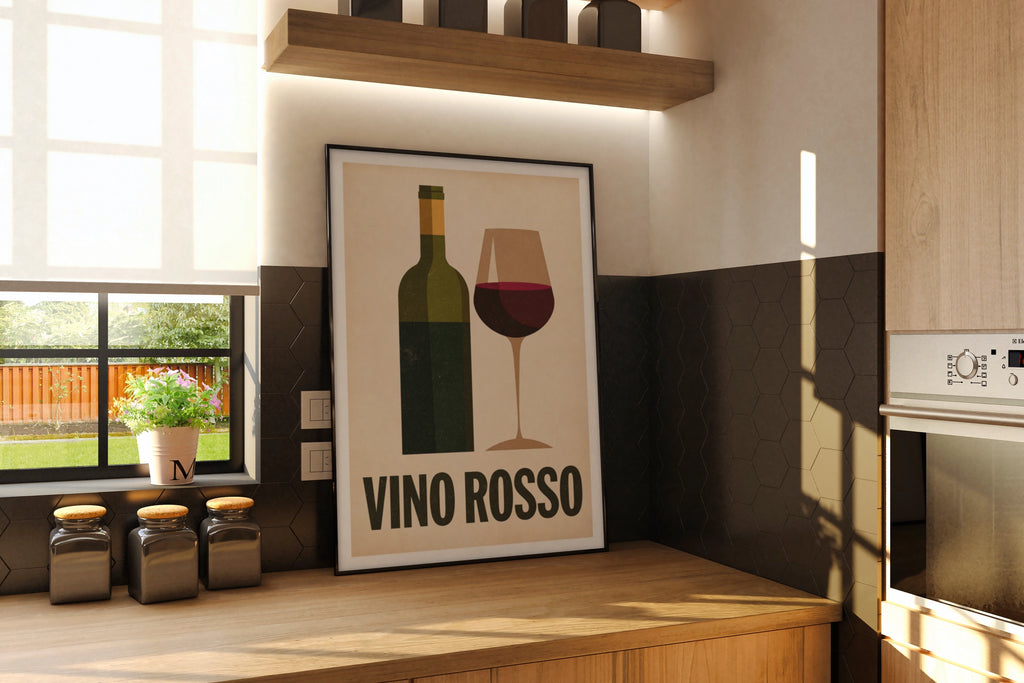 Vino Rosso Italian Wine Print | Rustic Kitchen Decor | Retro Mid Century Risograph Wine Art