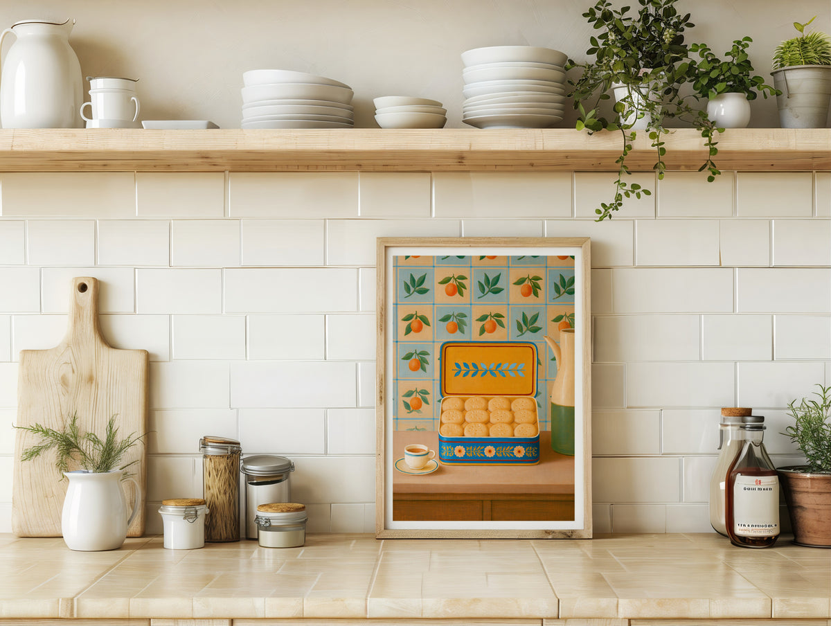 Vintage Food Poster Print, Biscuit Tin Tea Kitchen Art, Retro Mid Century Risograph Wall Decor