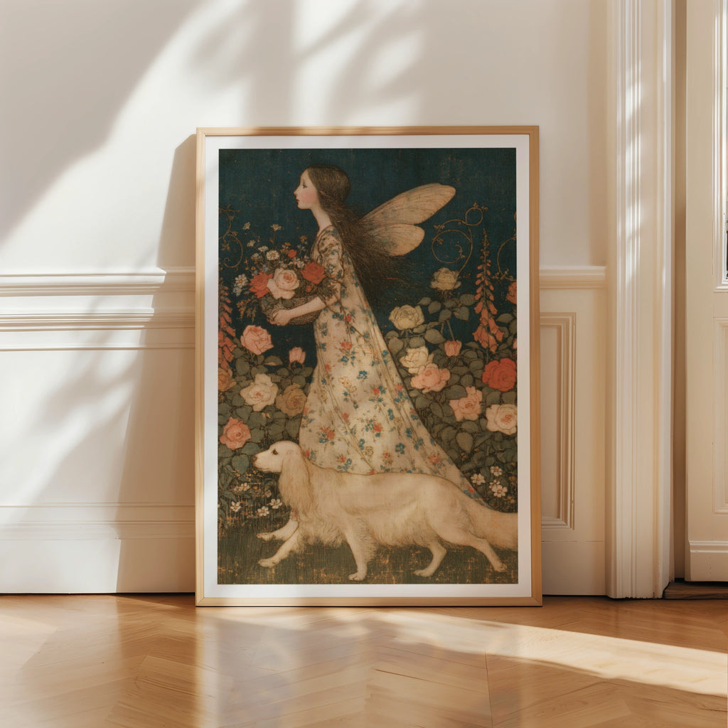 Fairy Garden Print, Classic Arthur Rackham Style Folk Art Poster, Rose Floral Wall Art, Vintage Fairy Dog Illustration