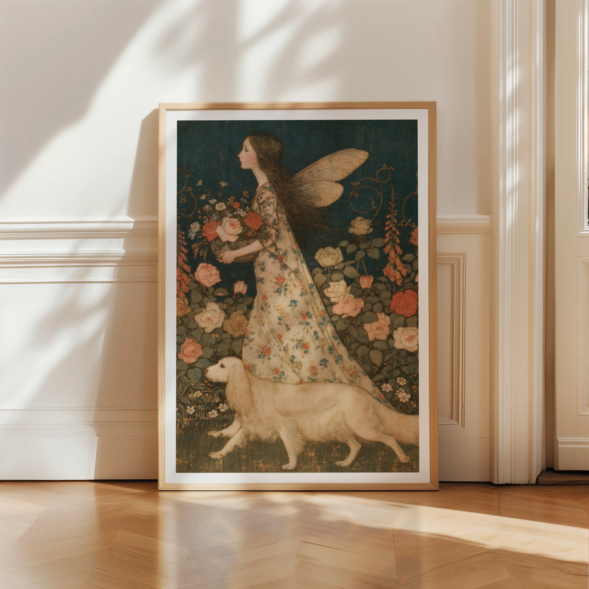 Fairy Garden Print, Classic Arthur Rackham Style Folk Art Poster, Rose Floral Wall Art, Vintage Fairy Dog Illustration