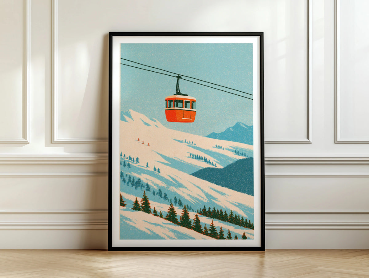 Retro Ski Gondola Poster, Vintage Mountain Cable Car Print, Alpine Wall Art Gift