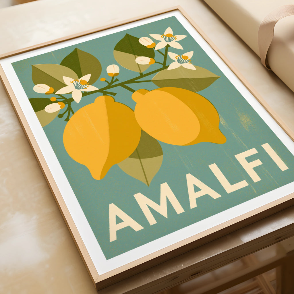 Amalfi Coast Retro Lemon Poster, Italian Travel Print, Teal Yellow Kitchen Wall Art