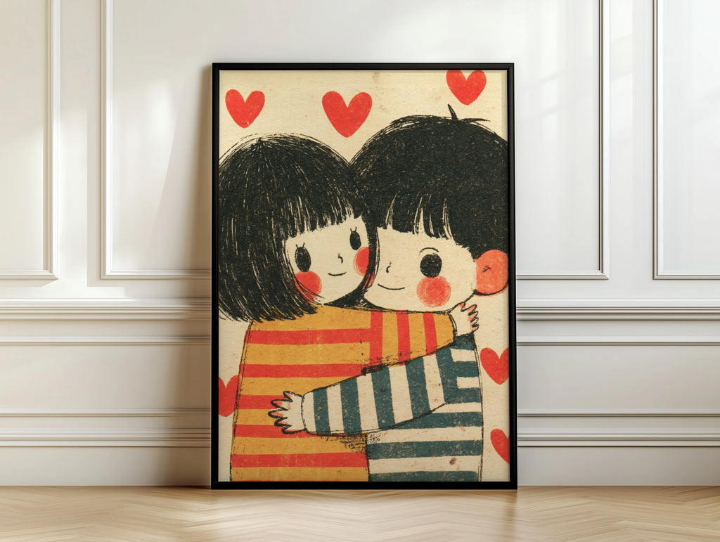 Retro Couple Hug Print, Cute Love Poster, Red Hearts Wall Art, Vintage Illustration Gift