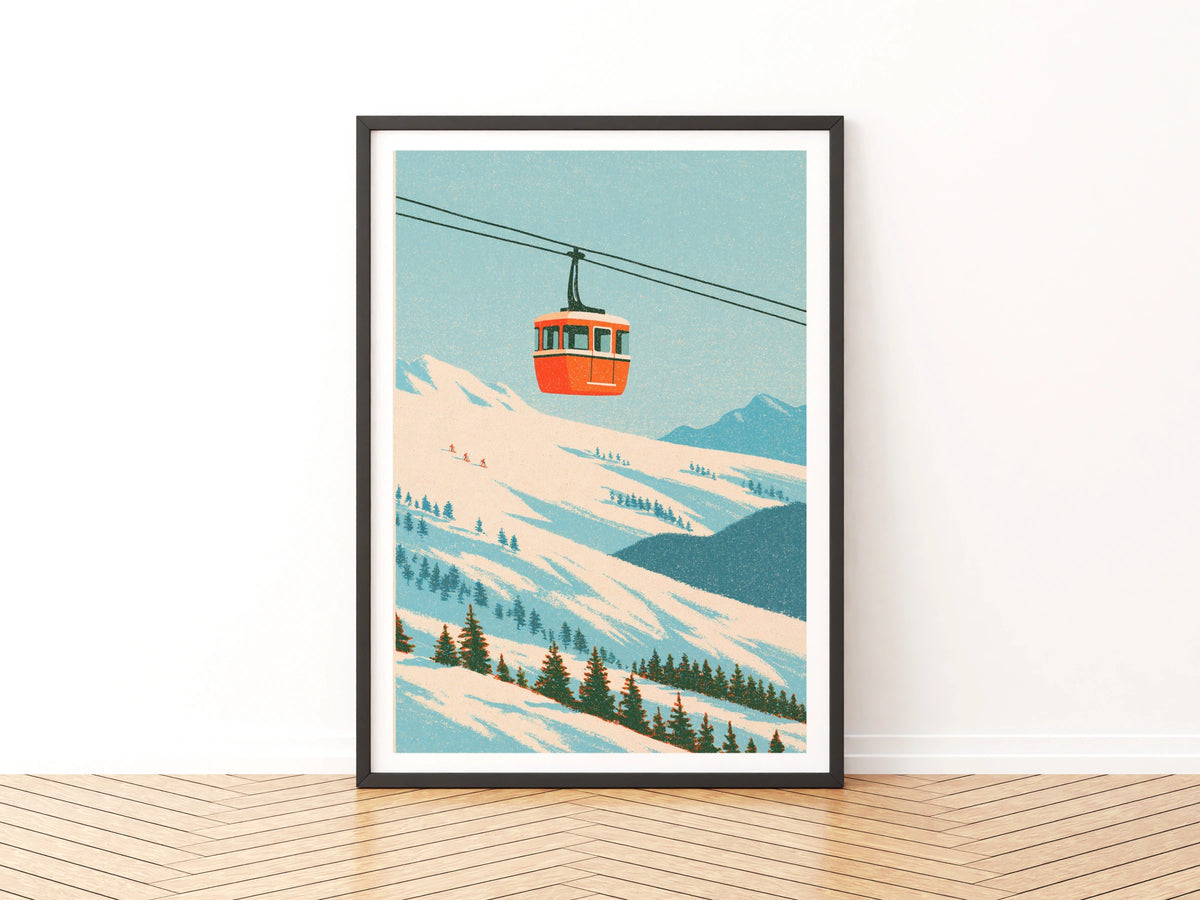 Retro Ski Gondola Poster, Vintage Mountain Cable Car Print, Alpine Wall Art Gift