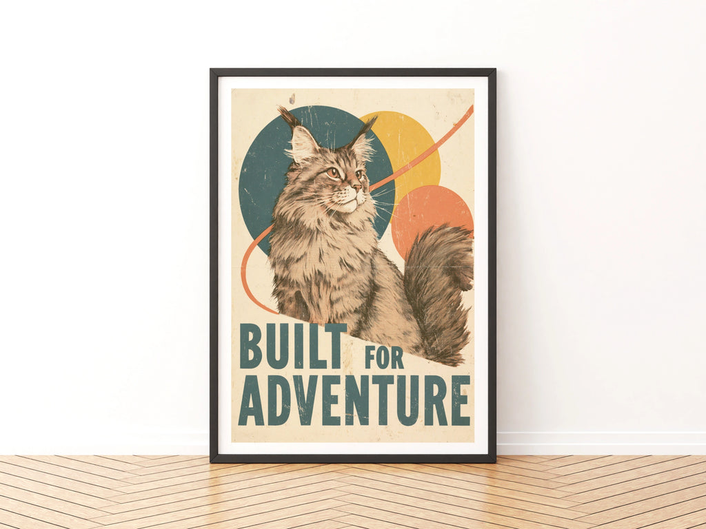 Retro Maine Coon Cat Print, Built For Adventure, Vintage Style Feline Wall Art